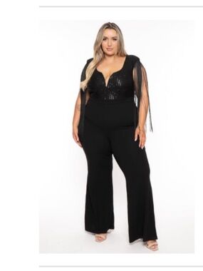 Plus Size Sequin Fringe Wide-Leg Jumpsuit - Black Size 1X